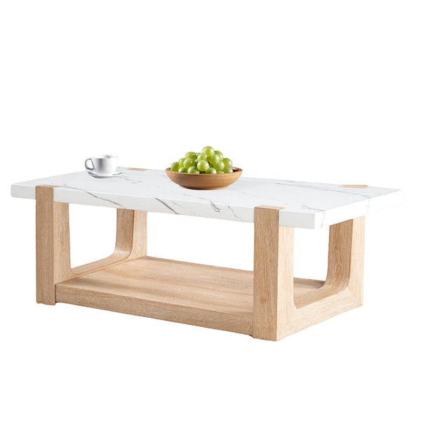 English Elm Modern 3pc Table Set with Faux Marble Tops and Two-Tone Finish, Sleek Contemporary Sofa Coffee End Tables 48" Natural,White 52 L x 30 W x 11 H B2741S00694