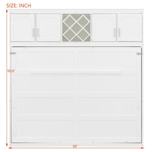 English Elm Queen Murphy Wall Bed with Storage Cabinets and Wine Rack for Small Space Living White LP000879AAK-1
