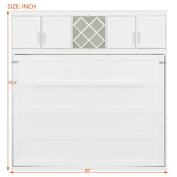 English Elm Queen Murphy Wall Bed with Storage Cabinets and Wine Rack for Small Space Living White LP000879AAK-1