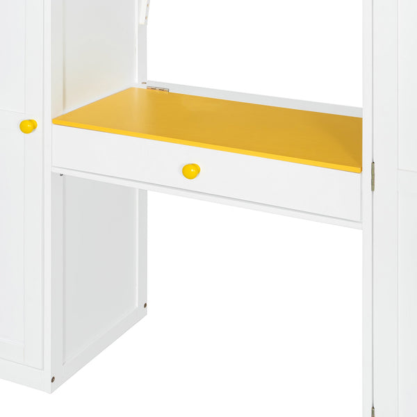 English Elm Full Size Teen Loft Bed with Staircase Shelves Wardrobe Vanity and Led Lighting LT000276AAL
