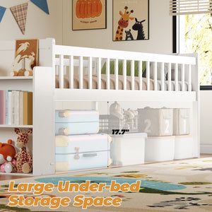 English Elm Twin Platform Kids Bed with Slide Ladder Guardrails Storage Shelf Wood Frame White N733S415411K