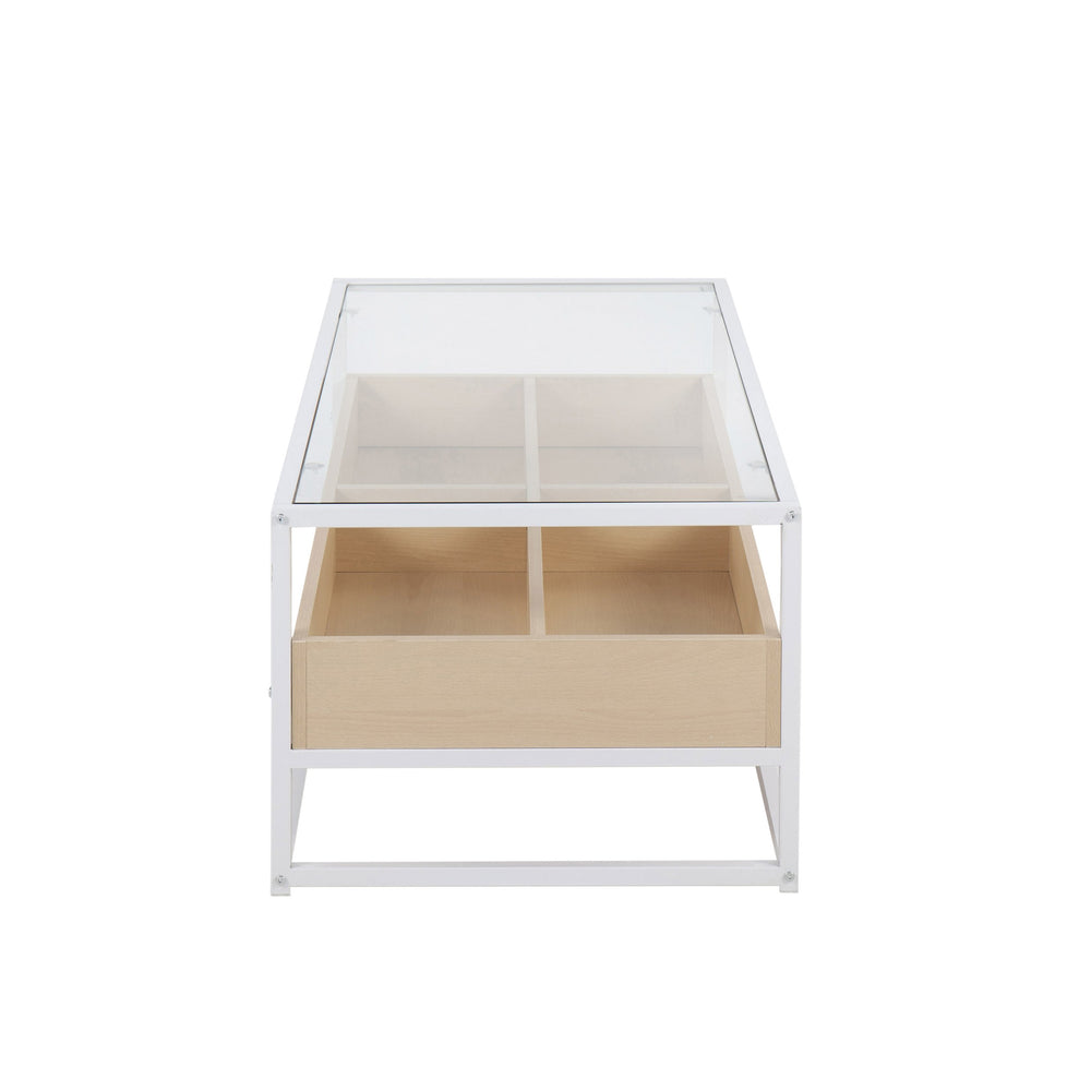English Elm Display Modern Coffee Table With Tempered Glass Top, White Metal Frame & Natural Wood Storage Compartment B202P223306