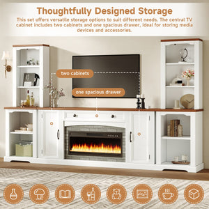 English Elm 3-piece Farmhouse Entertainment Center with Curved Cabinets Walnut Mdf Modular Living Room White N721S000072K