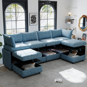 English Elm Modular Sectional Sofa with Under Seat Storage Converts to Sleeper for Living Room Antique Blue W680S00142