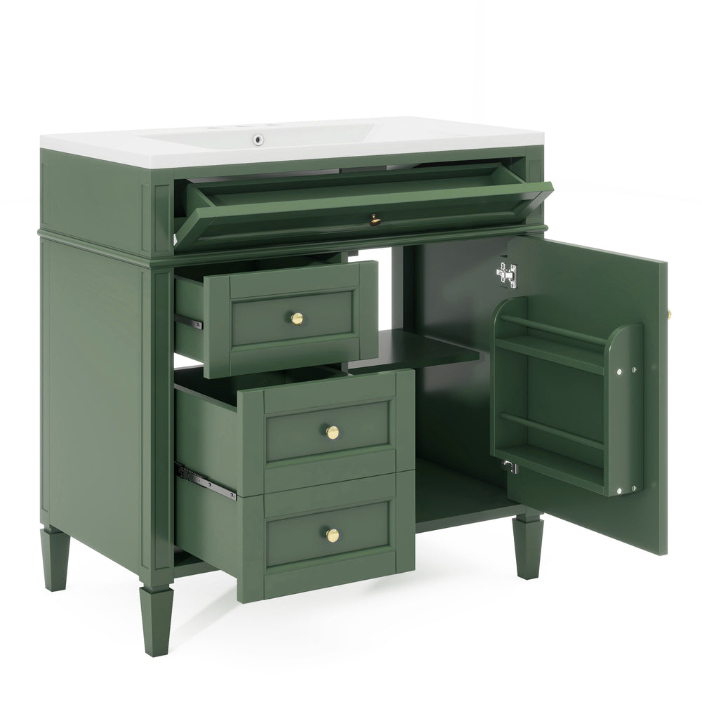 English Elm 36'' Modern Bathroom Vanity With Top Sink, 3 Drawers, Roman Legs & Adjustable Shelving For Storage SW000119AAF-2