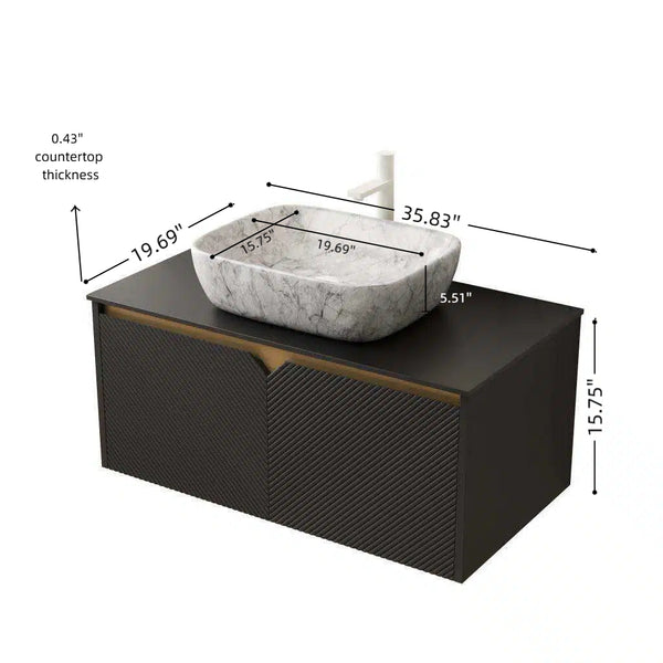 English Elm Dina Floating Bathroom Vanity Sintered Stone Top Glass Basin Striped Plywood Cabinet W2615S00526