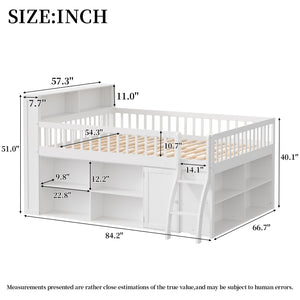 English Elm Full Size Kids Loft Bed with Led Headboard Open Shelving and Natural Wood Frame White N7090005024K