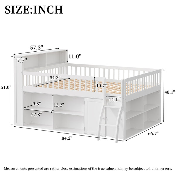 English Elm Full Size Kids Loft Bed with Led Headboard Open Shelving and Natural Wood Frame White N7090005024K