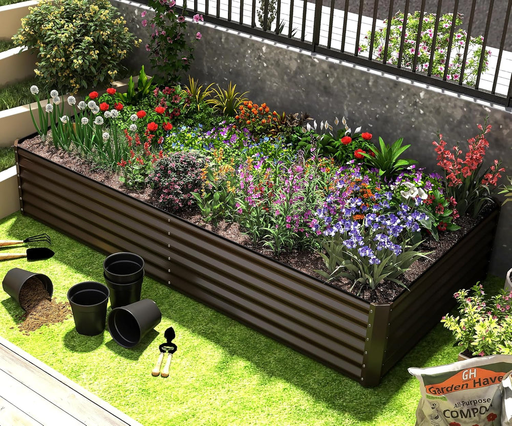 English Elm 6x3x1.5ft Galvanized Steel Raised Garden Bed Deep Root Planter for Yard Vegetables Brown W1859P430211