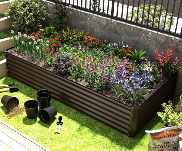 English Elm 6x3x1.5ft Galvanized Steel Raised Garden Bed Deep Root Planter for Yard Vegetables Brown W1859P430211