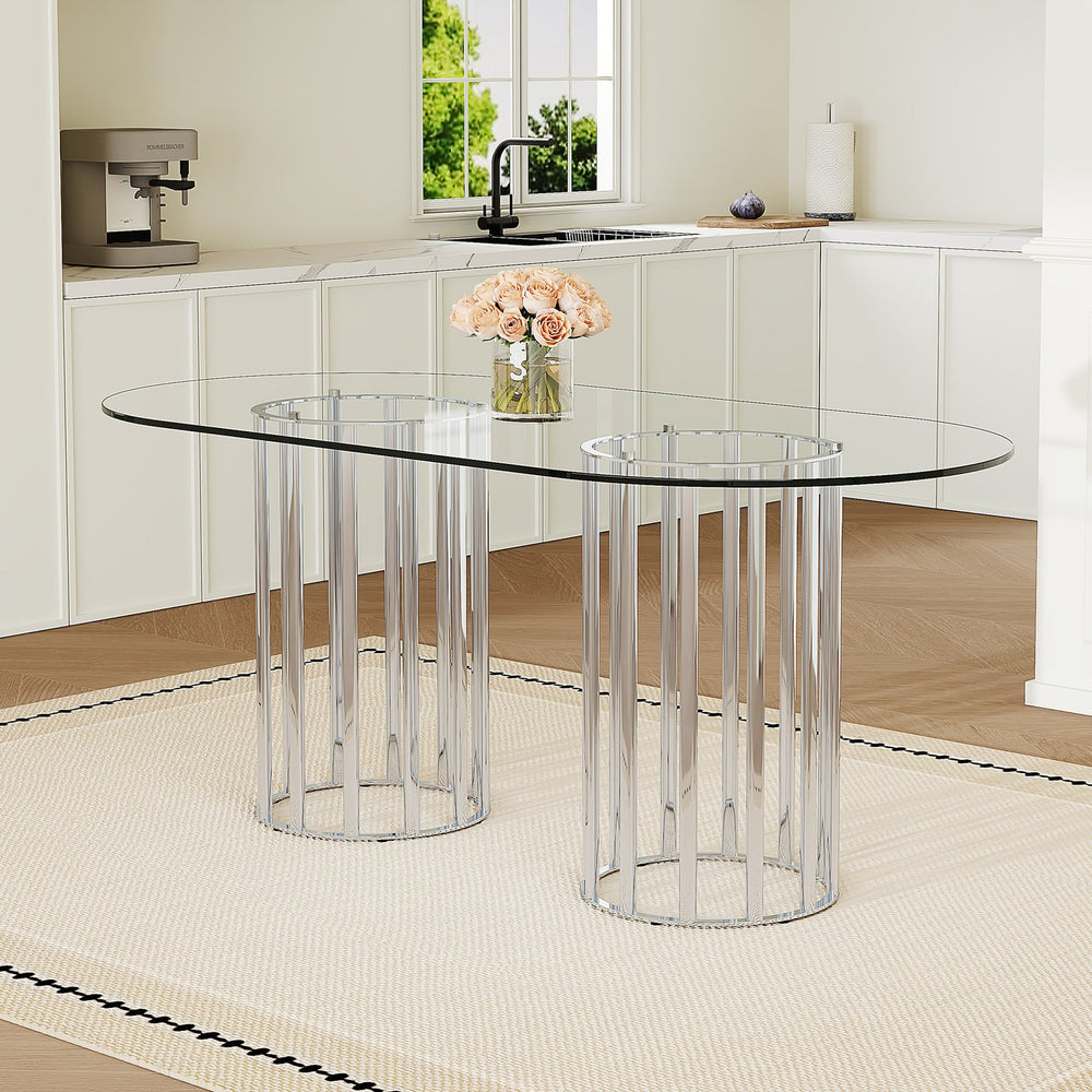 English Elm 71 Inch Oval Tempered Glass Dining Table Black Metal Base Seats Eight Modern W1151P416028