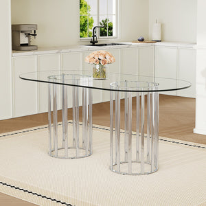 English Elm 71 Inch Oval Tempered Glass Dining Table Black Metal Base Seats Eight Modern W1151P416028
