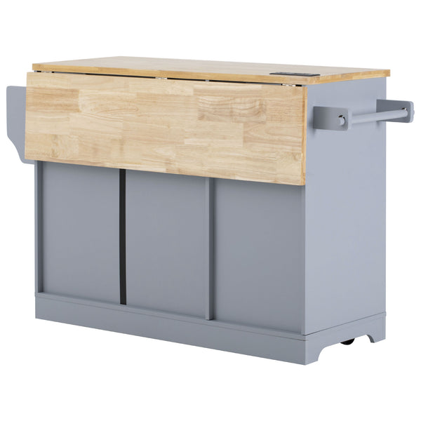 English Elm K&K Vintage Kitchen Island with Rubberwood Top, Hidden Wheels, Pull-Out Trash & Charging Station Grey+Blue N707P299014G