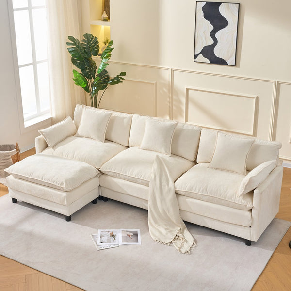 English Elm 108" L-shaped Chenille Cloud Sectional Deep Seat Sofa with Ottoman for Living Rooms Beige W3244S00003