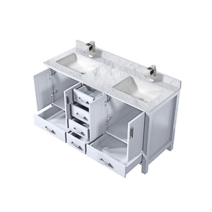 English Elm White Double Bath Vanity 60in W x 22in D with Carrara Marble Top, Chrome Faucet, Soft-Close Storage Durable B2731P259071