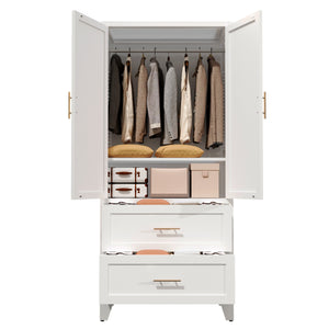 English Elm 71" Tall Metal Wardrobe Cabinet with 2 Drawers, Adjustable Shelf & Hanging Rod — Space-Saving White Closet Organizer W3387P351602