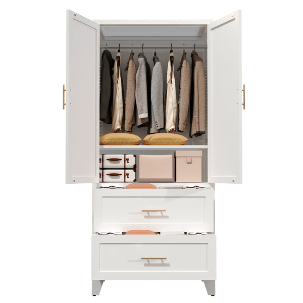 English Elm 71" Tall Metal Wardrobe Cabinet with 2 Drawers, Adjustable Shelf & Hanging Rod — Space-Saving White Closet Organizer W3387P351602