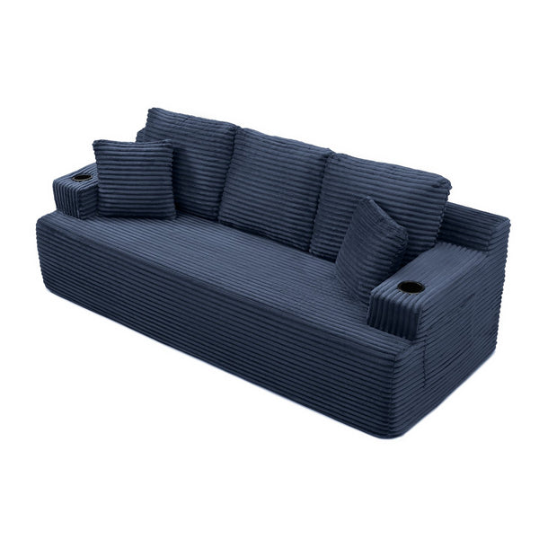 English Elm Boneless Floor Sofa Corduroy Upholstered 5 Seat Low Profile with Cup Holders for Living Room Blue W1117S00433
