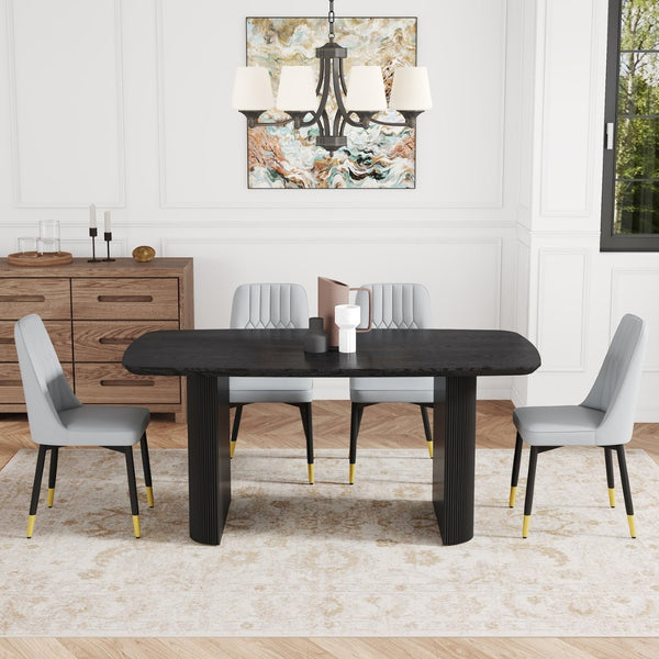 English Elm Table And Chair Set - 67" Black Wood-Grain Dining Table With 4 Light Gray Pu Cushioned Chairs W1151S04171-GIGA
