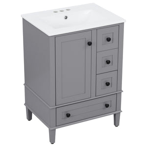 English Elm 24-inch Matte Bathroom Vanity Rubberwood Cabinet with Ceramic Sink and Soft-close Drawers Grey N729P377516E