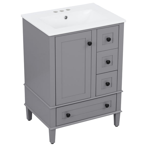 English Elm 24-inch Matte Bathroom Vanity Rubberwood Cabinet with Ceramic Sink and Soft-close Drawers Grey N729P377516E