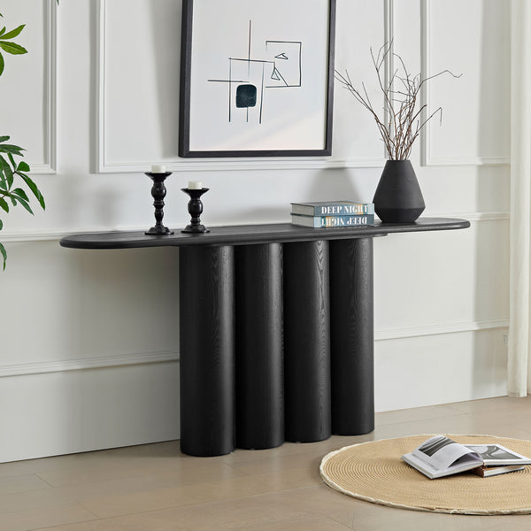 English Elm 66.93'' Slim Matte Console Table with Sculptural Cylinder Legs for Entryway or Foyer Black W876S00339