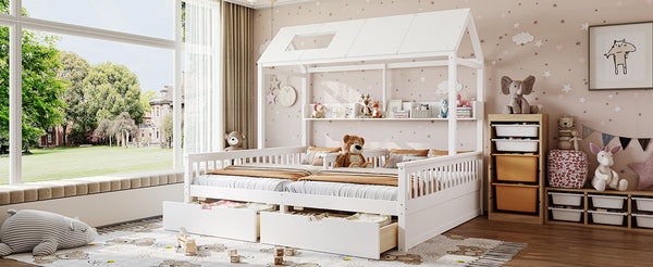 English Elm Double Twin House Bed Pine Wood Frame Kids Playhouse Bunk with Storage Drawers White W5305S00006