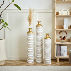 English Elm Floor Elegant 3-Piece Metal Vase Set - Modern Droplet Style In White And Gold For Stunning Decor W2796P290480