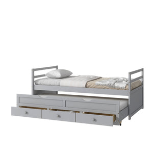 English Elm Twin Twin Size Bed with Trundle and Three Storage Drawers, Space-Saving Pine Frame with Classic Headboard Grey W504P197161