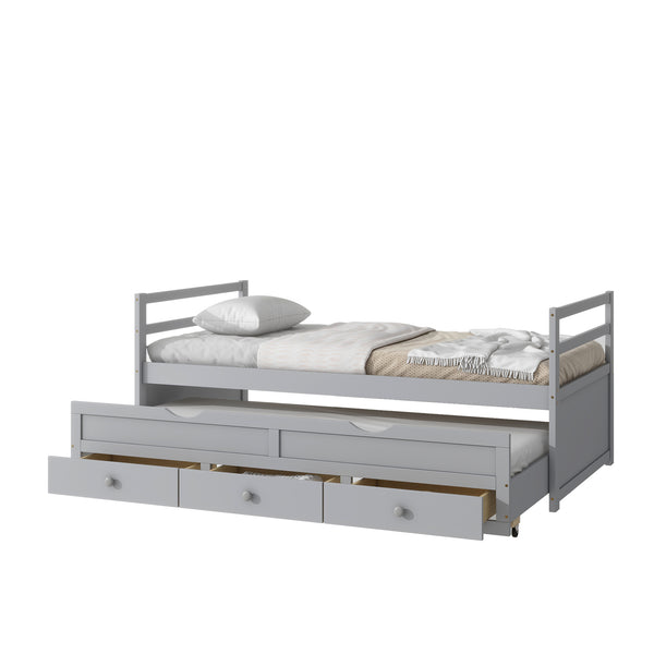 English Elm Twin Twin Size Bed with Trundle and Three Storage Drawers, Space-Saving Pine Frame with Classic Headboard Grey W504P197161