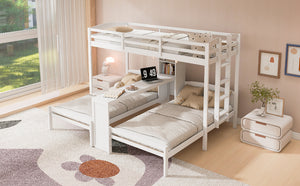 English Elm Twin Triple Bunk Bed with Built in Desk Open Shelving and Led Task Lighting White N7090002243K