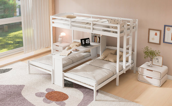 English Elm Twin Triple Bunk Bed with Built in Desk Open Shelving and Led Task Lighting White N7090002243K