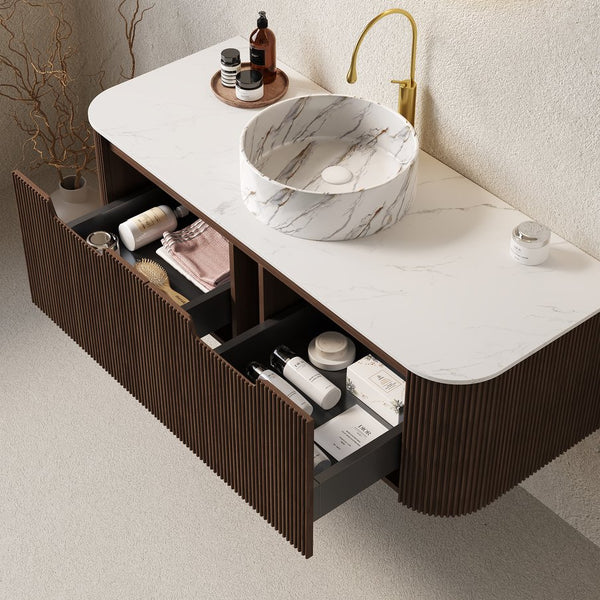 English Elm Dina 48" Wall-Mounted Bathroom Vanity With Ceramic Basin, Storage Cabinet, Dark Walnut Finish & Drawers W2615S00453