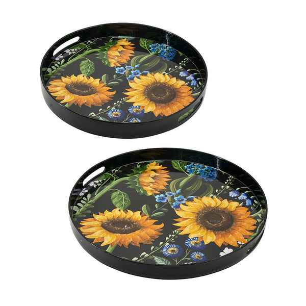 English Elm 2 Round Decorative Trays with Sunflower Motifs Tall Rim Mdf Living Room Accent B056P416849