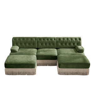 English Elm U Shaped Velvet Chesterfield Sectional with Tufting Tassel Fringe Skirt Modular Living Room Sofa Green W714S01708