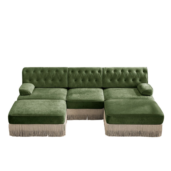 English Elm U Shaped Velvet Chesterfield Sectional with Tufting Tassel Fringe Skirt Modular Living Room Sofa Green W714S01708