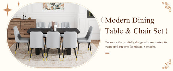 English Elm Table And Chair Set - 67" Black Wood Grain Mdf Dining Table With 8 Light Gray Pu Cushioned Chairs W1151S04173-GIGA