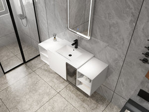 English Elm 54" Floating Bathroom Vanity Glossy White Plywood Cabinet with Ceramic Sink Grey Glass Door W999S00530