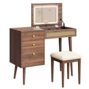 English Elm 39" Retro Bohemian Vanity Desk with Flip-Top Mirror & LED Lights, Rattan Drawers, 3-Drawer Storage, Walnut Finish N733P361800D