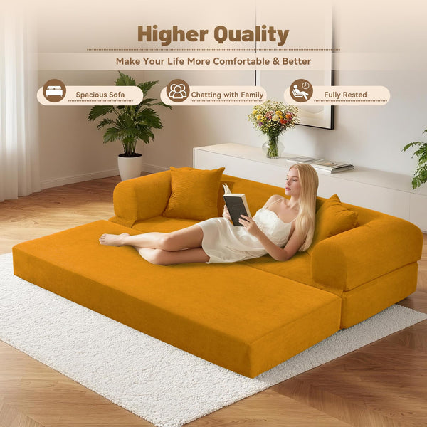 English Elm Convertible Corduroy Sleeper Sofa Queen Fold Out Bed with Dual Storage Pockets Yellow W3396P483182