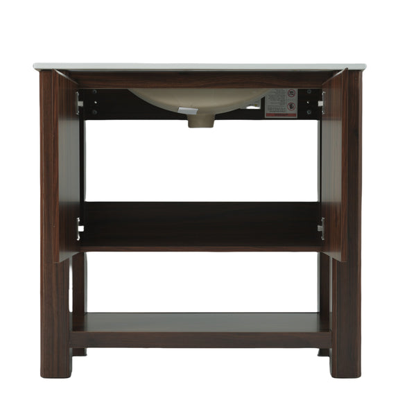 English Elm Christopher Knight Home® - 36" Modern Wall-Mounted Bathroom Vanity with Ceramic Sink, Soft-Close Doors, Fluted Accent & Open Shelves Antique brown N817P245321B