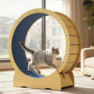 English Elm Cat 42" Exercise Wheel for Indoor Cats - Solid Acacia Wood, Quiet TPE Rollers, Anti-Pinch Design & Lockable Safety W2500P293097