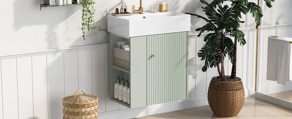 English Elm 21.6 Modern Floating Bathroom Vanity with Ceramic Basin, Wave Door, Rose Gold Handle, Space-Saving Green N729P170390F