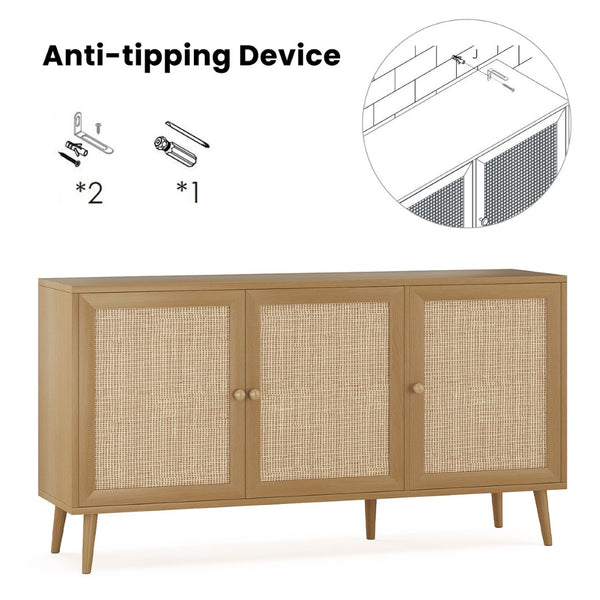 English Elm Sideboard Buffet Cabinet With 3 Rattan Doors - Stylish Storage Solution For Living Room & Kitchen T3623P380149-GIGA
