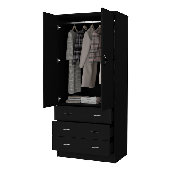 English Elm FM FURNITURE Prescott Armoire Black - Elegant 2-Door Closet with 3 Drawers, Hanging Rod, Durable Design B128S00062
