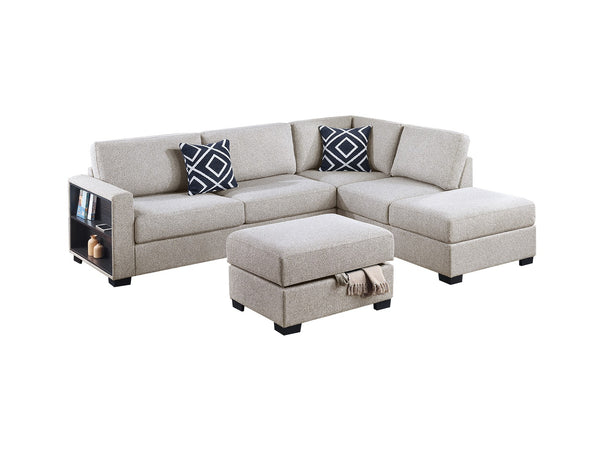 English Elm 3-Piece Boucle Sectional Sofa with Reversible Chaise, Built-In Shelf & Storage Ottoman for Living Rooms Beige 34 L x 26 W x 46 H B011S01778