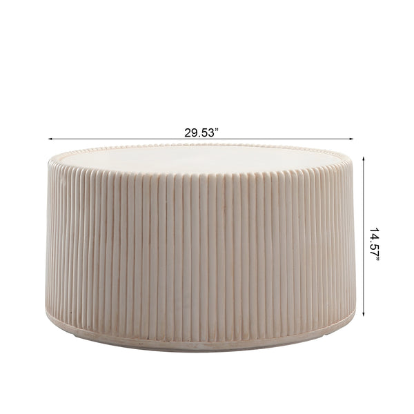 English Elm Off-white Fluted Drum Round Coffee Table Sculptural Magnesium Oxide Living Room Accent W5351P456935