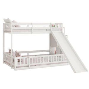 English Elm Twin Over Full Bunk Bed Solid Pine Frame with Built-in Slide and Storage Staircase White W504S00290