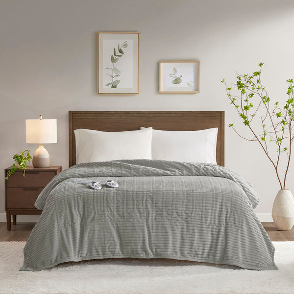 JLA Home Serta - Heated Plush Ribbed Heated Blanket with 10 Heat Settings, Auto Shutoff, Machine Washable, 5-Year Warranty Grey ST54-0289