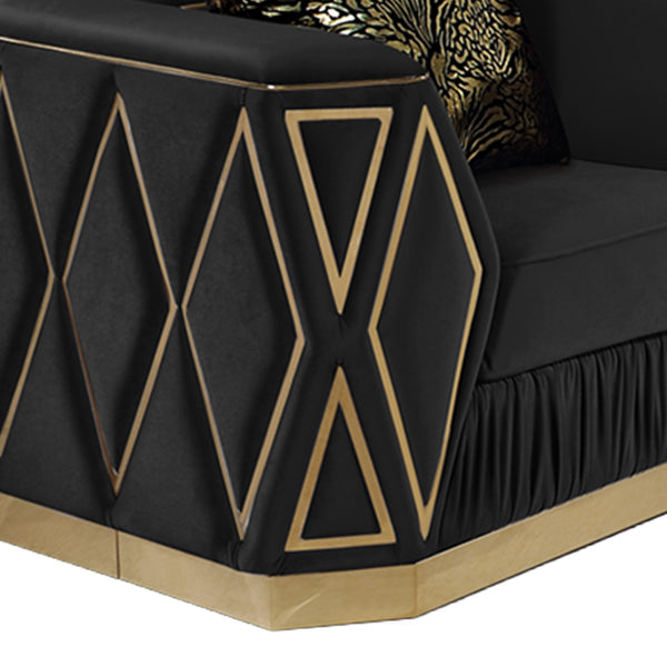 English Elm Cavalli Diamond Upholstered Sofa and Loveseat Set with Gold Accents for Modern Living Black+Gold B009S02182